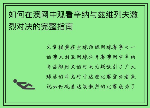 如何在澳网中观看辛纳与兹维列夫激烈对决的完整指南